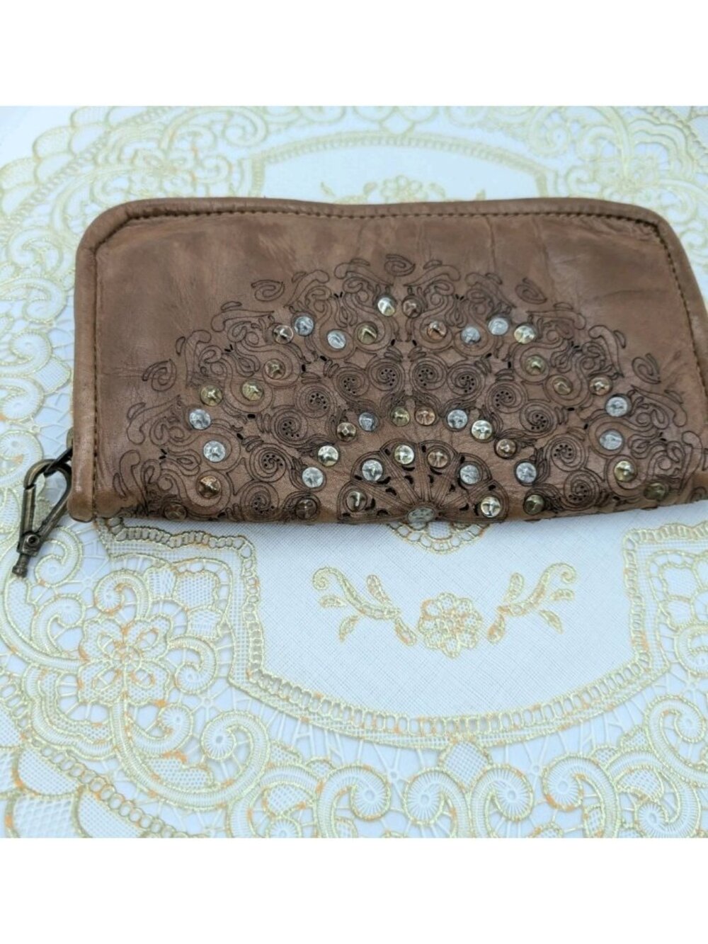 Platania Brown Leather Studded Wallet Made In Italy Soft Zip Large Clutch Purse